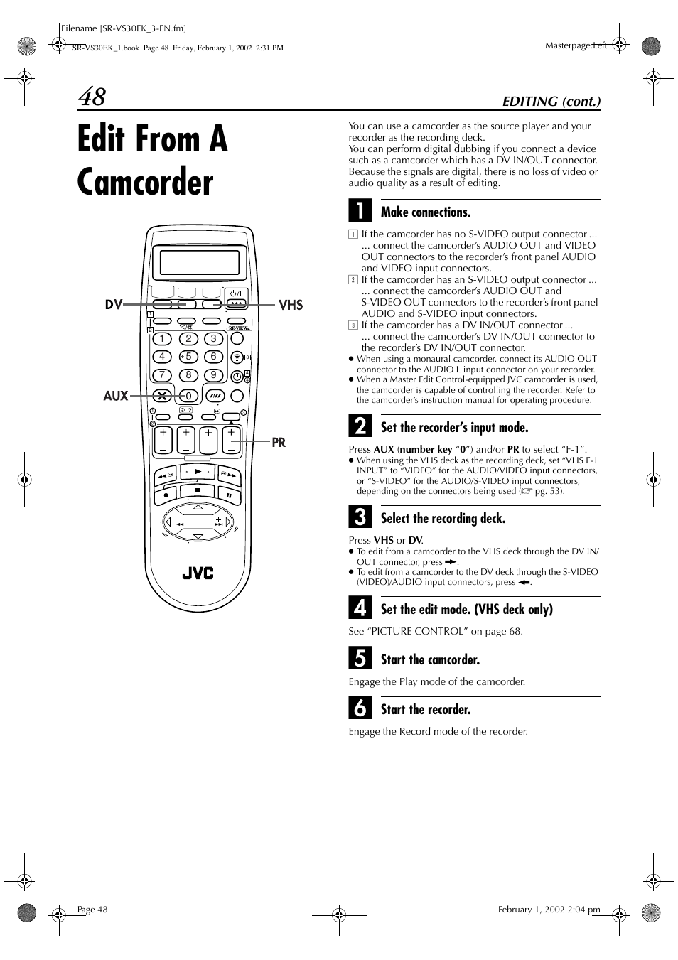 Edit from a camcorder | JVC SR-VS30EK User Manual | Page 48 / 92