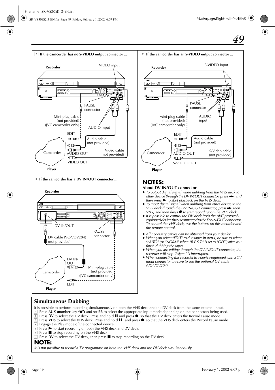 Simultaneous dubbing | JVC SR-VS30EK User Manual | Page 49 / 92