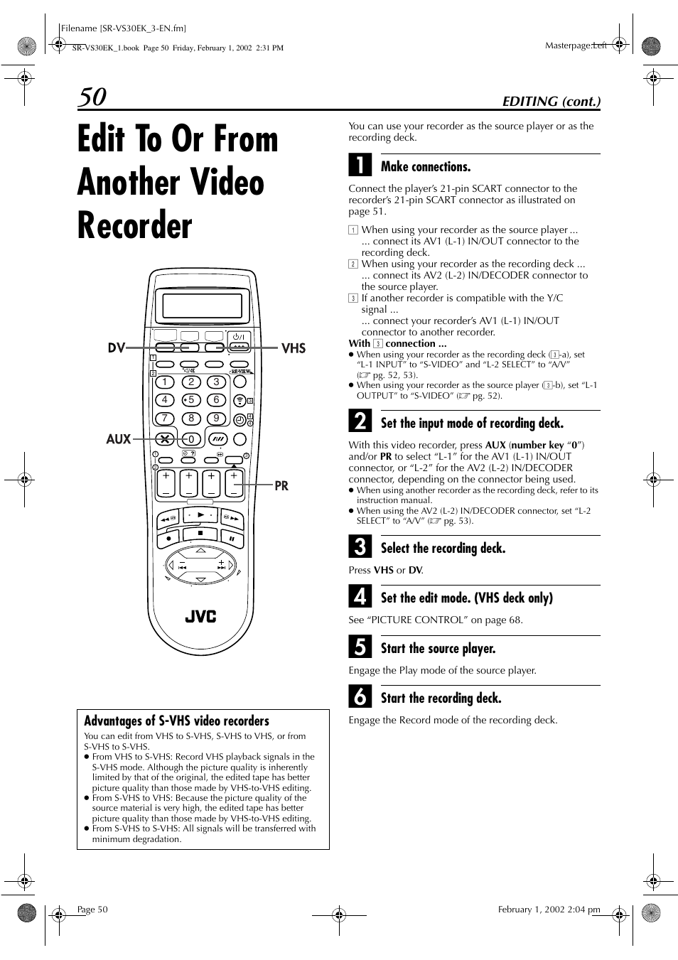 Edit to or from another video recorder | JVC SR-VS30EK User Manual | Page 50 / 92