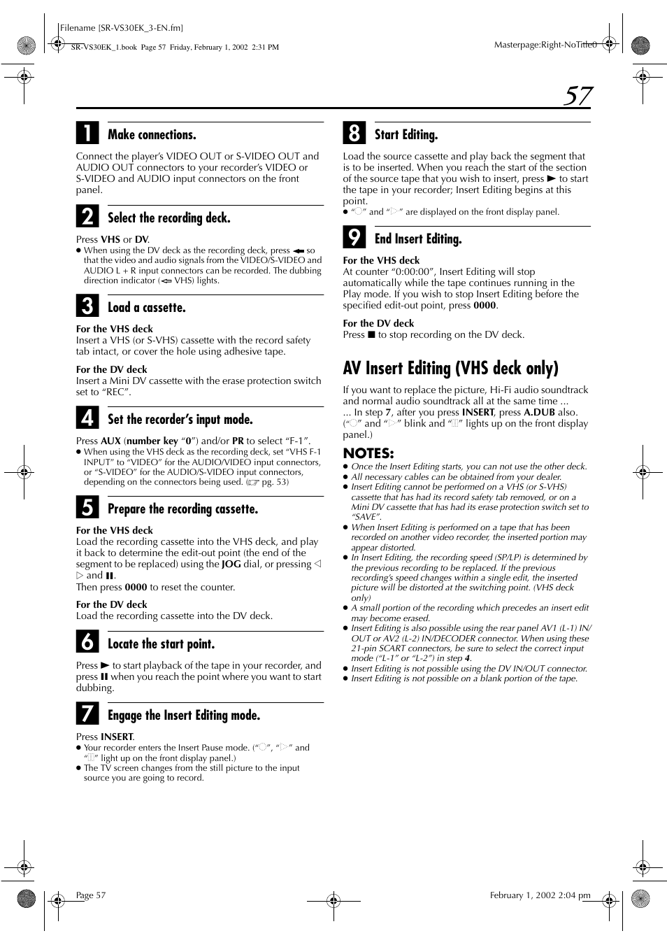 Av insert editing (vhs deck only) | JVC SR-VS30EK User Manual | Page 57 / 92