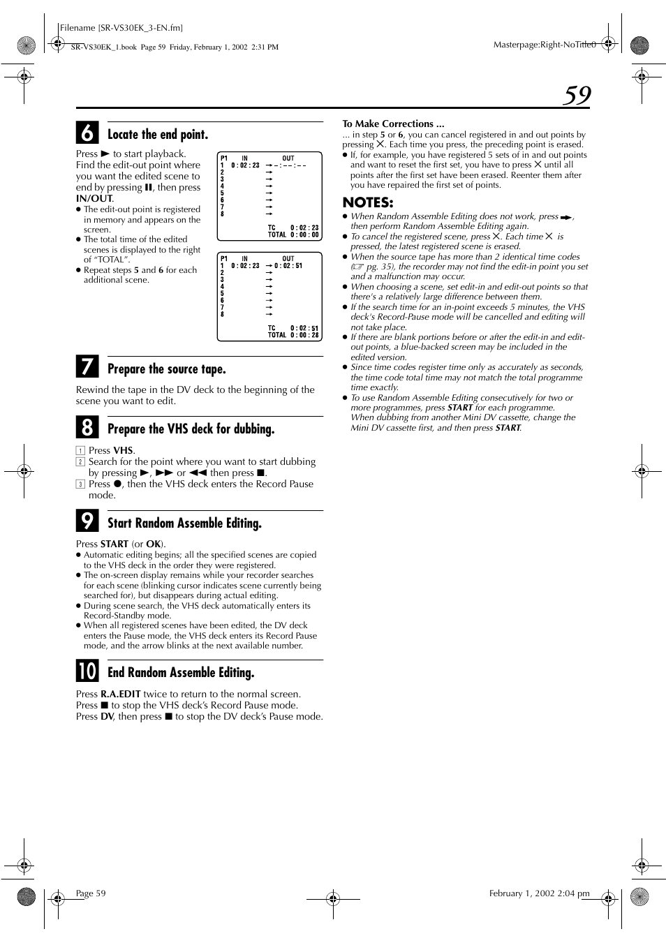 Locate the end point, Prepare the source tape, Prepare the vhs deck for dubbing | Start random assemble editing, End random assemble editing | JVC SR-VS30EK User Manual | Page 59 / 92