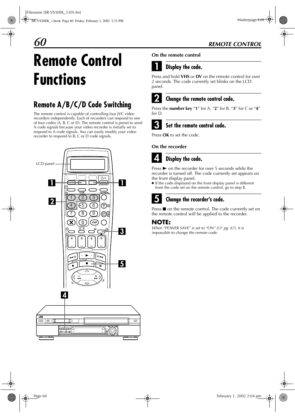 Remote control functions, Remote a/b/c/d code switching | JVC SR-VS30EK User Manual | Page 60 / 92