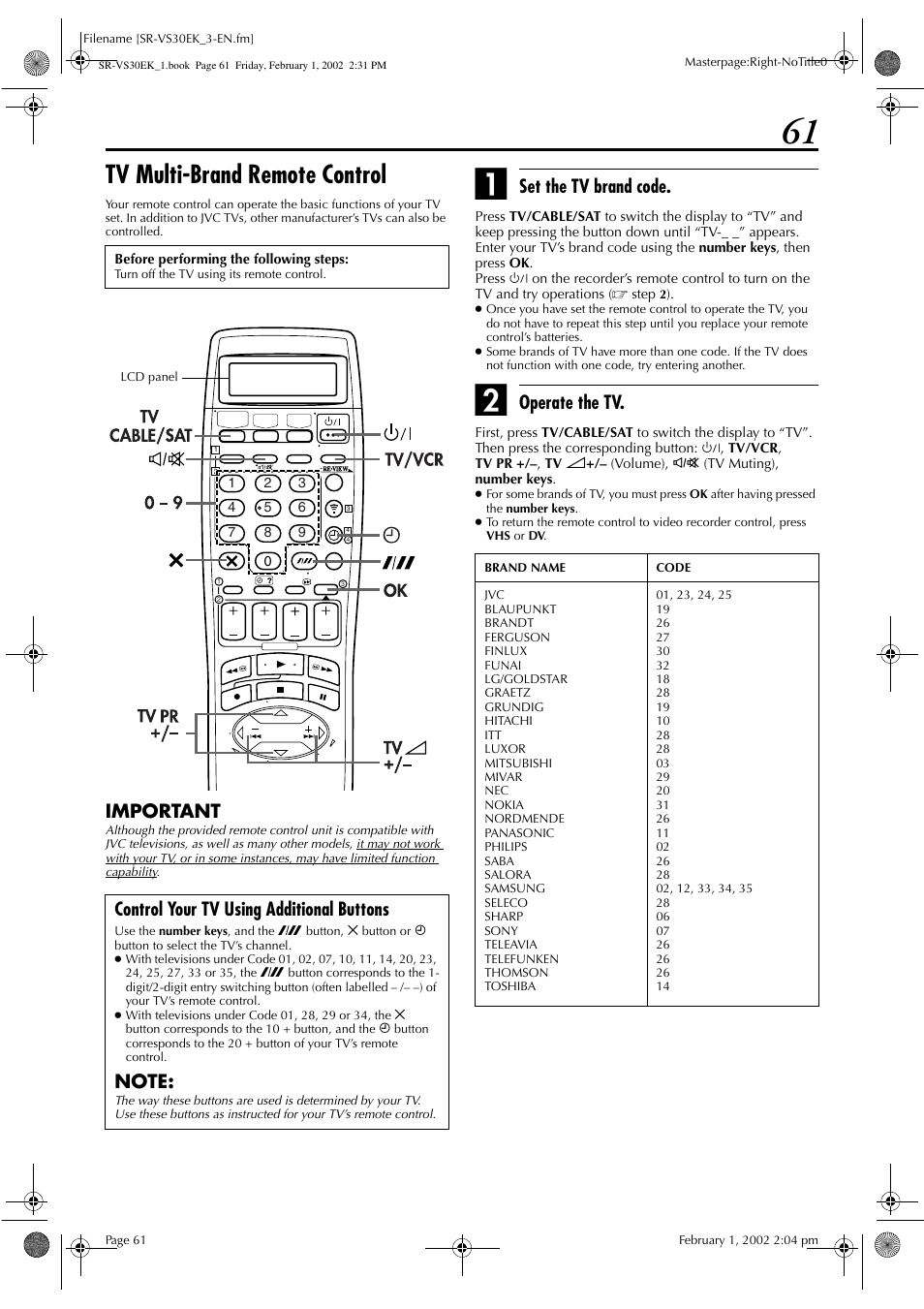 Tv multi-brand remote control, Important, Set the tv brand code | Operate the tv, Control your tv using additional buttons | JVC SR-VS30EK User Manual | Page 61 / 92