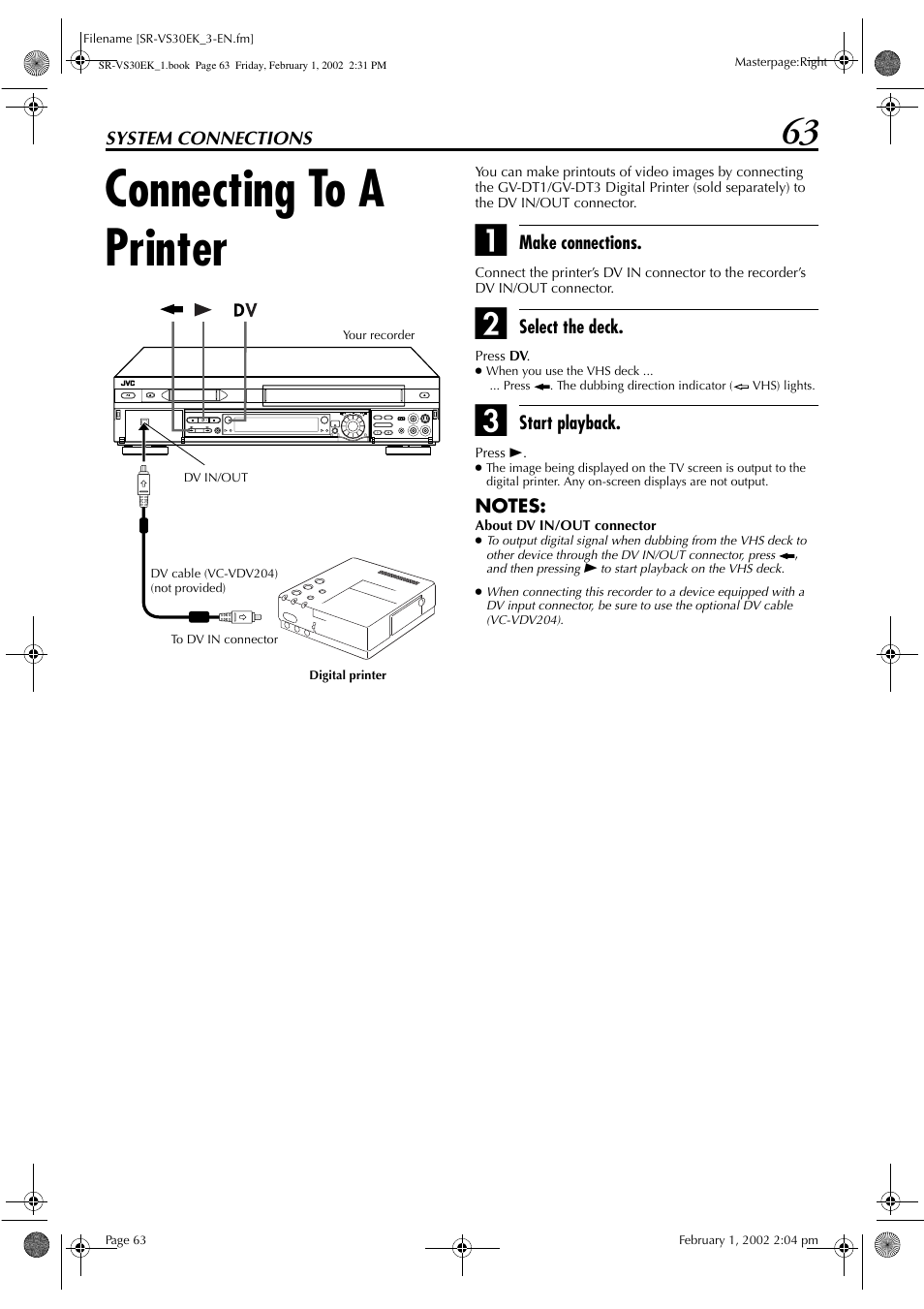 Connecting to a printer | JVC SR-VS30EK User Manual | Page 63 / 92