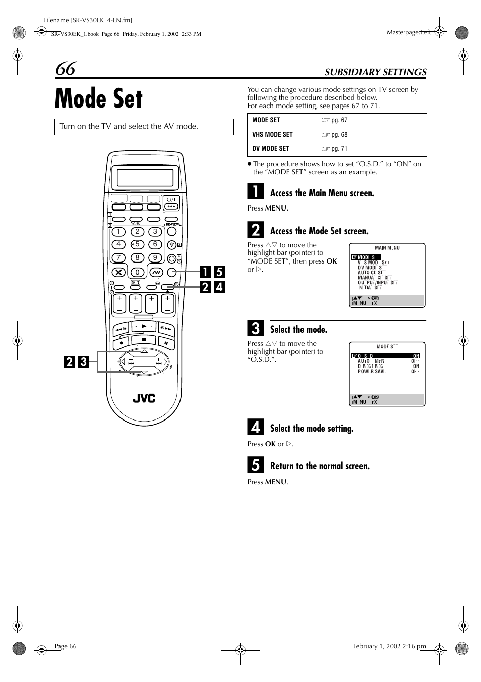 Mode set | JVC SR-VS30EK User Manual | Page 66 / 92