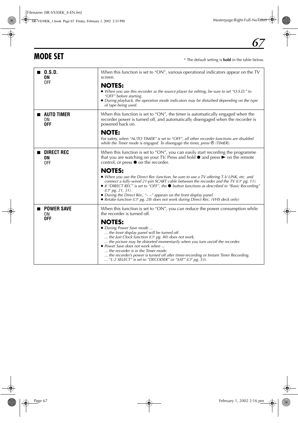 Mode set | JVC SR-VS30EK User Manual | Page 67 / 92