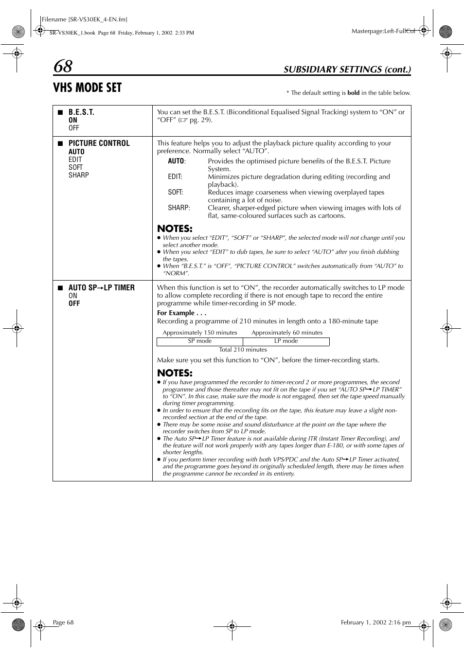 Vhs mode set, Subsidiary settings (cont.) | JVC SR-VS30EK User Manual | Page 68 / 92