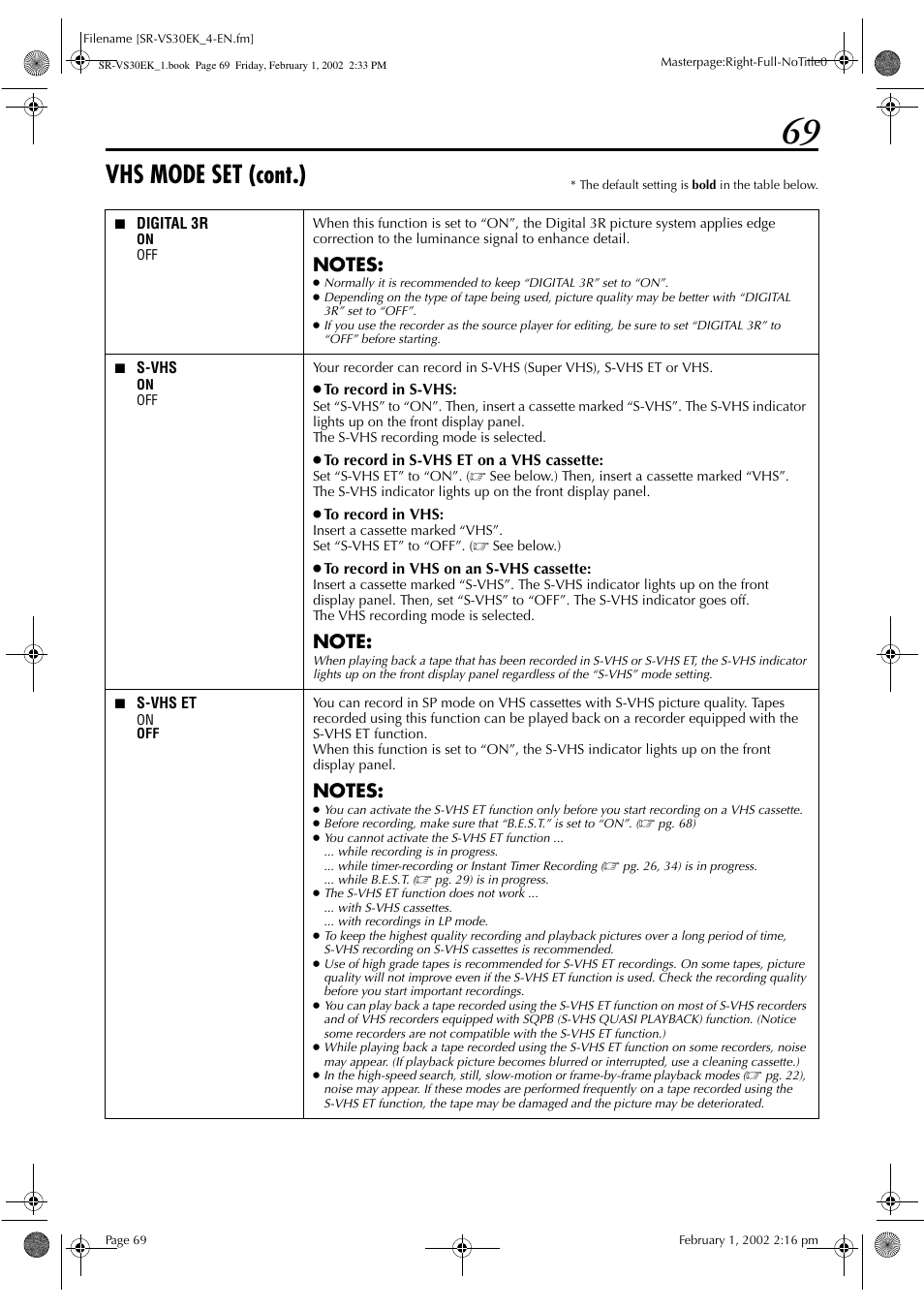 Vhs mode set (cont.) | JVC SR-VS30EK User Manual | Page 69 / 92