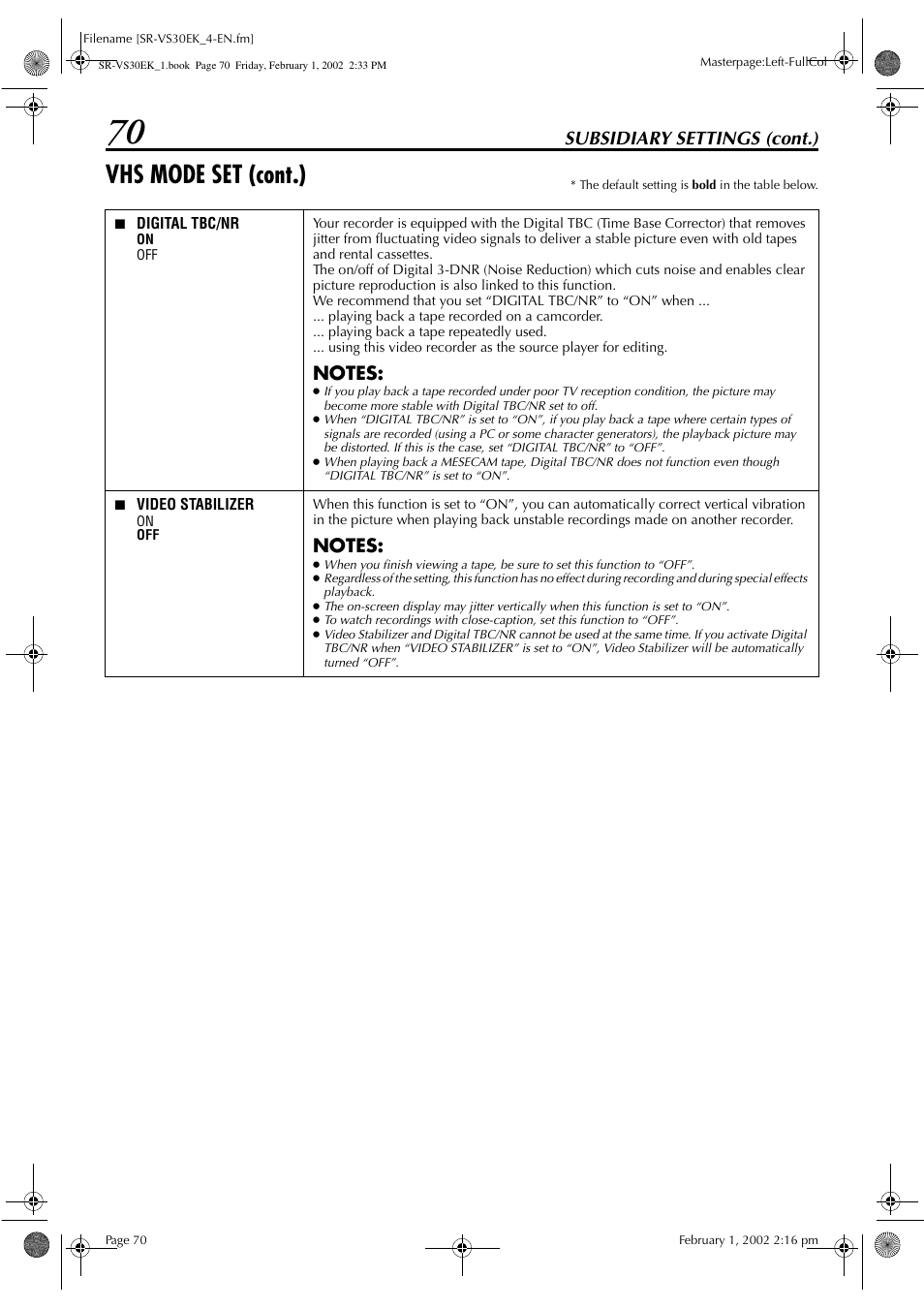 Vhs mode set (cont.), Subsidiary settings (cont.) | JVC SR-VS30EK User Manual | Page 70 / 92