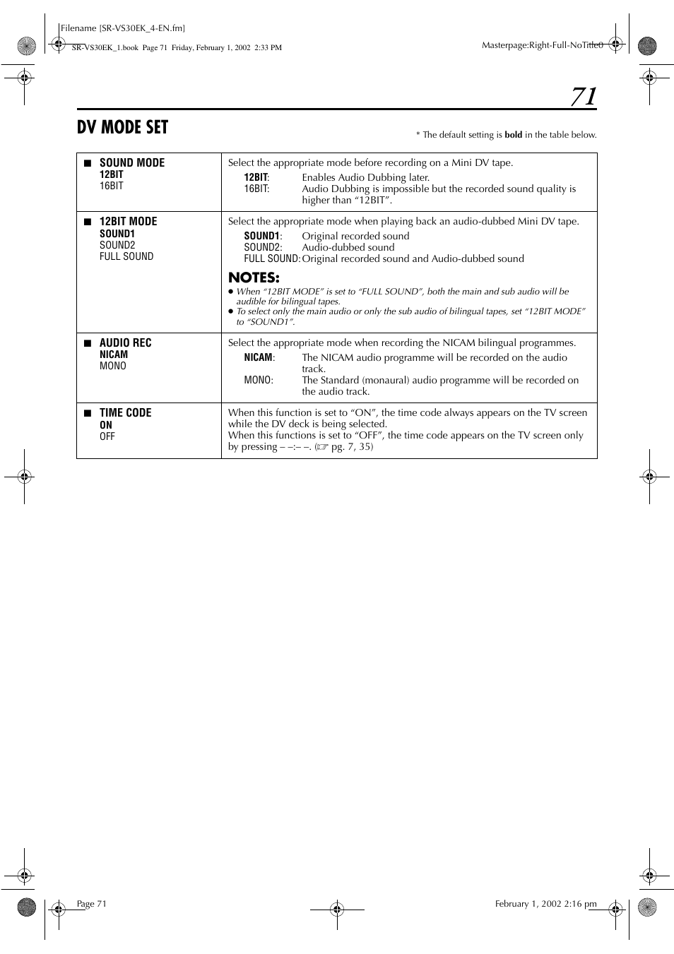 Dv mode set | JVC SR-VS30EK User Manual | Page 71 / 92