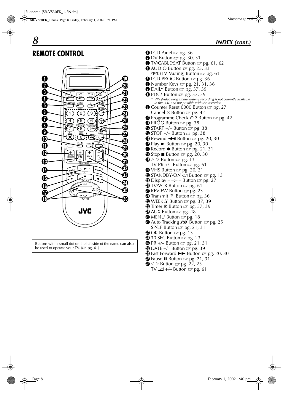 Remote control, Index (cont.) | JVC SR-VS30EK User Manual | Page 8 / 92