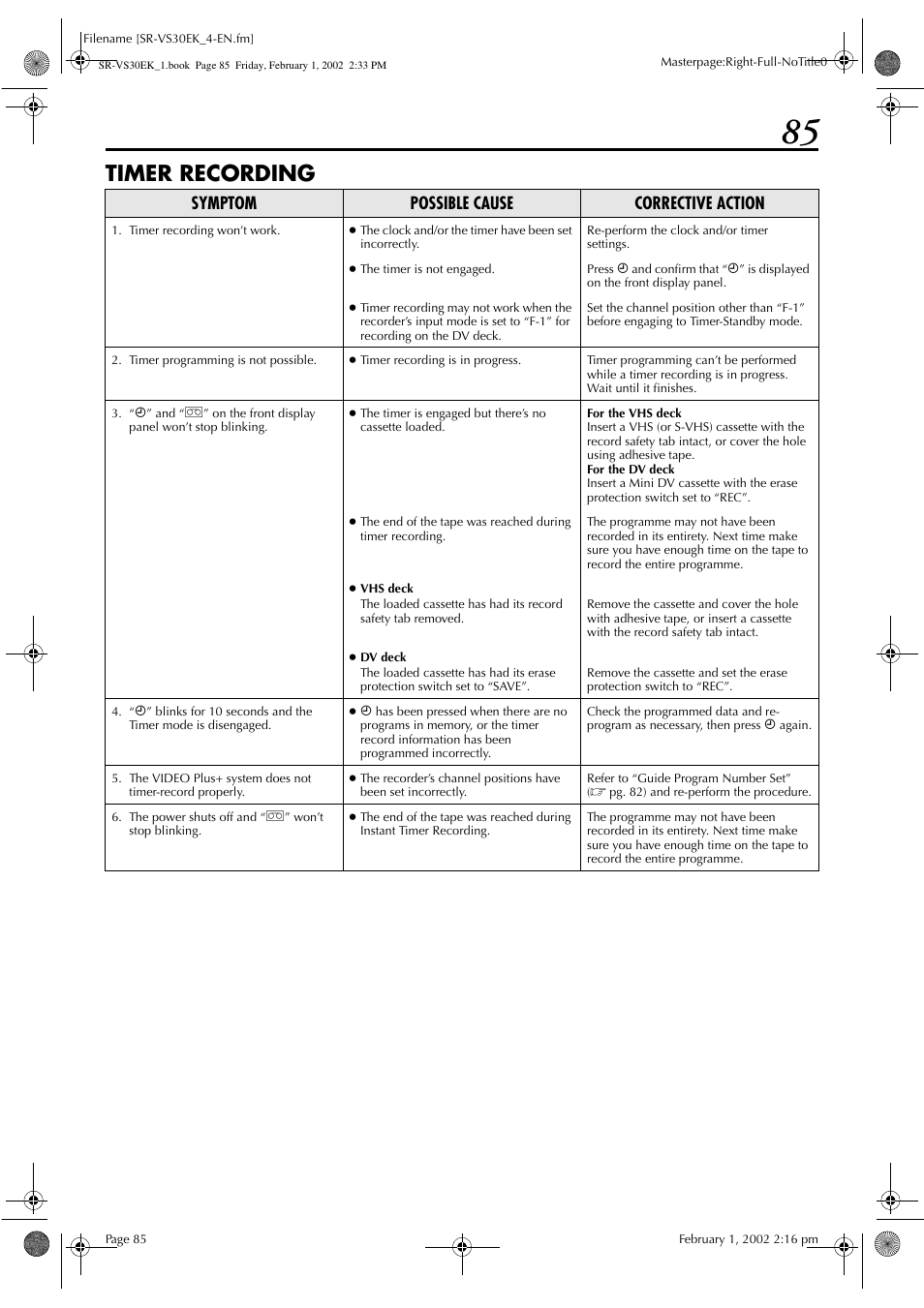 Timer recording, Symptom possible cause corrective action | JVC SR-VS30EK User Manual | Page 85 / 92