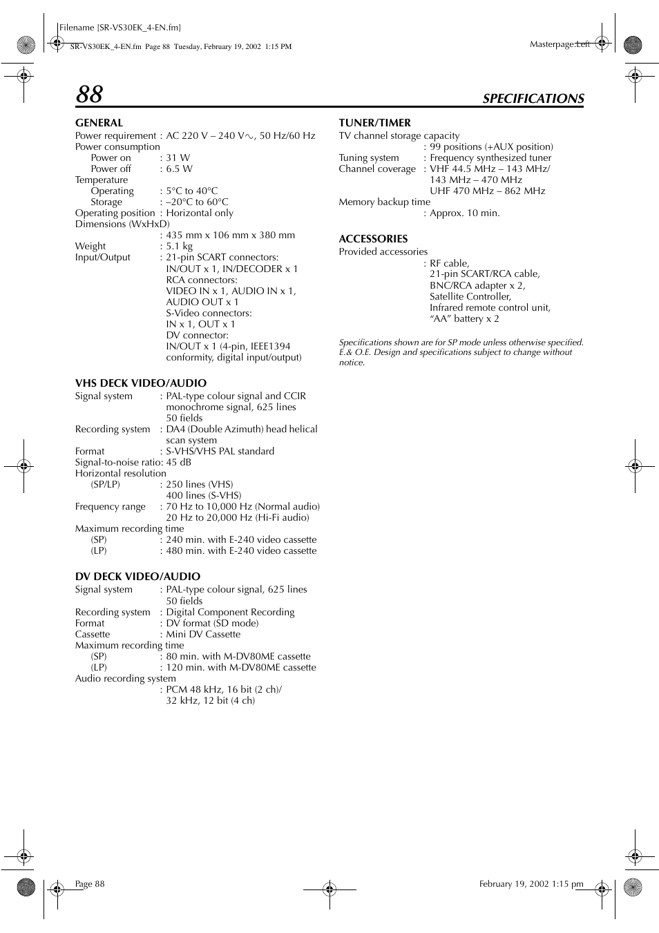 Specifications | JVC SR-VS30EK User Manual | Page 88 / 92