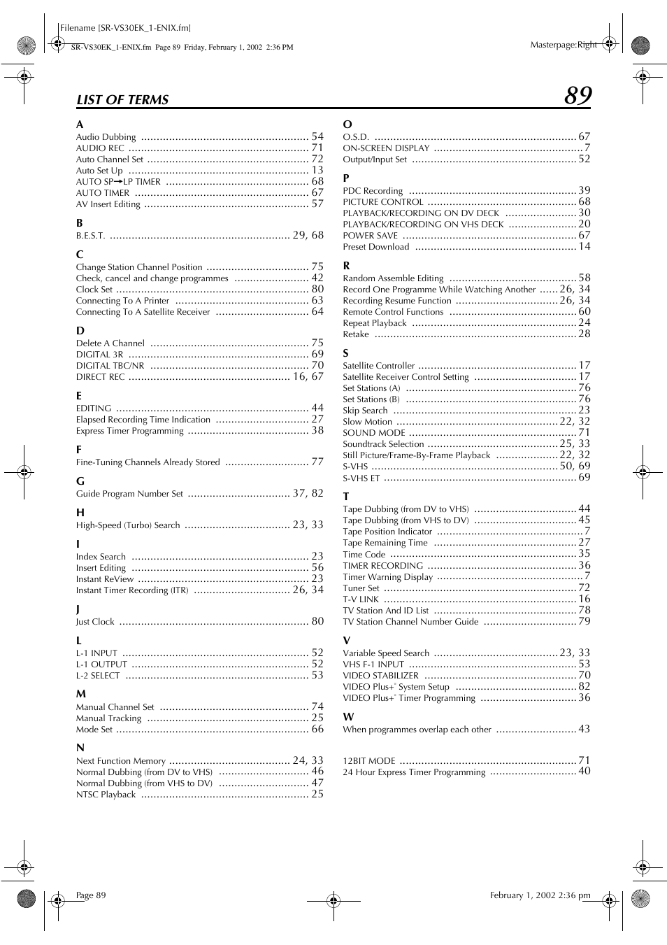 List of terms | JVC SR-VS30EK User Manual | Page 89 / 92