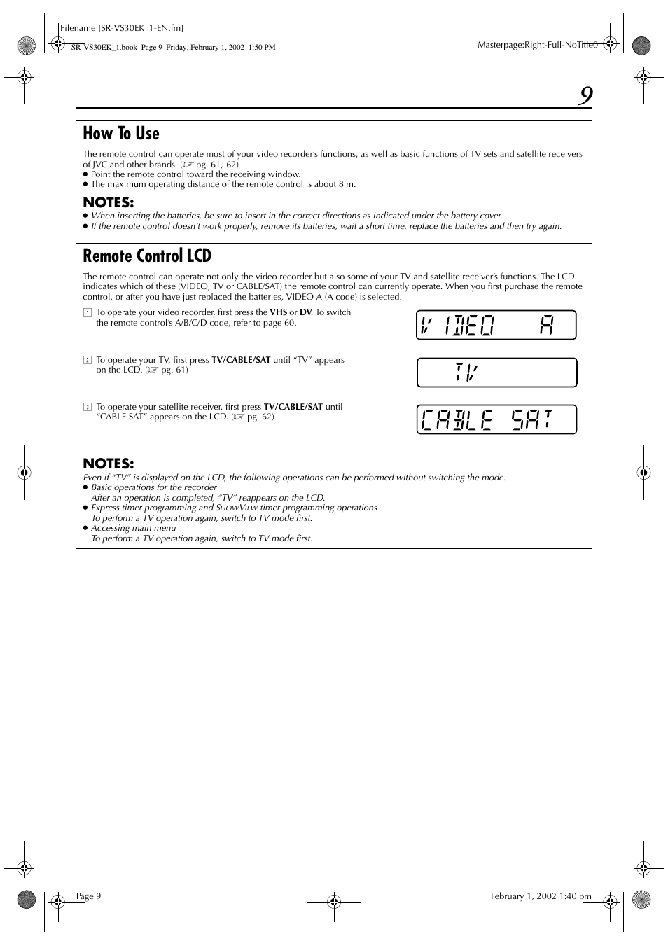 How to use, Remote control lcd | JVC SR-VS30EK User Manual | Page 9 / 92