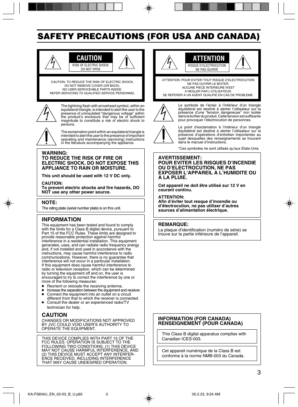Safety precautions, Safety precautions (for usa and canada), Caution | Attention, Information | JVC KA-F5604U User Manual | Page 3 / 8