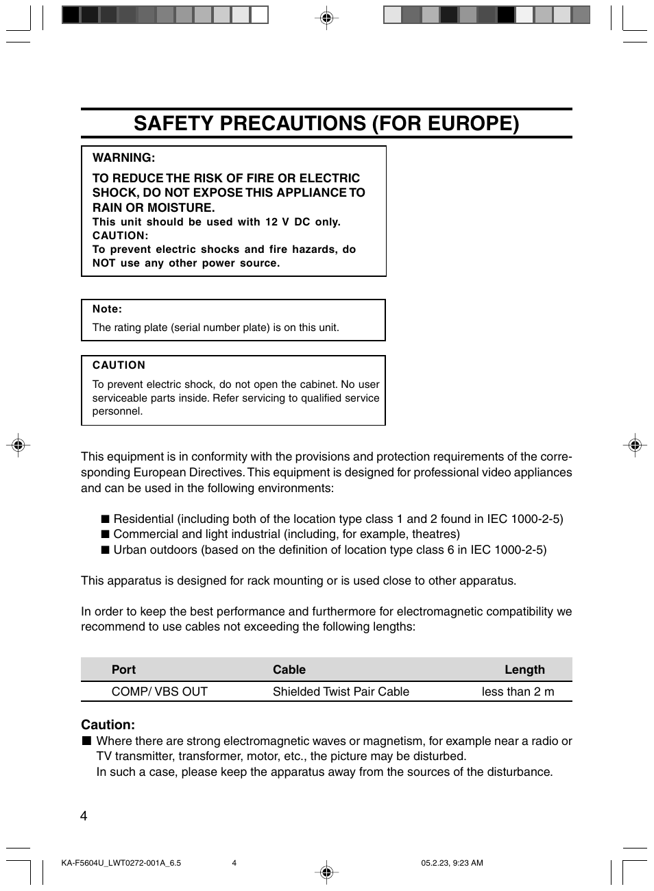Safety precautions (for europe) | JVC KA-F5604U User Manual | Page 4 / 8