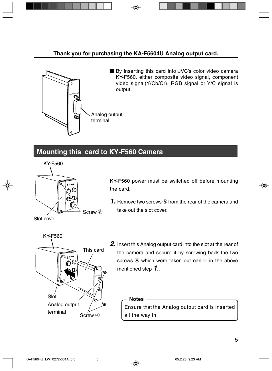Mounting this card to ky-f560 camera | JVC KA-F5604U User Manual | Page 5 / 8