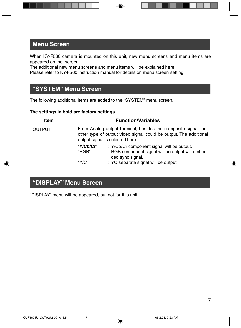 Menu screen, System” menu screen, Display” menu screen | System” menu screen menu screen | JVC KA-F5604U User Manual | Page 7 / 8
