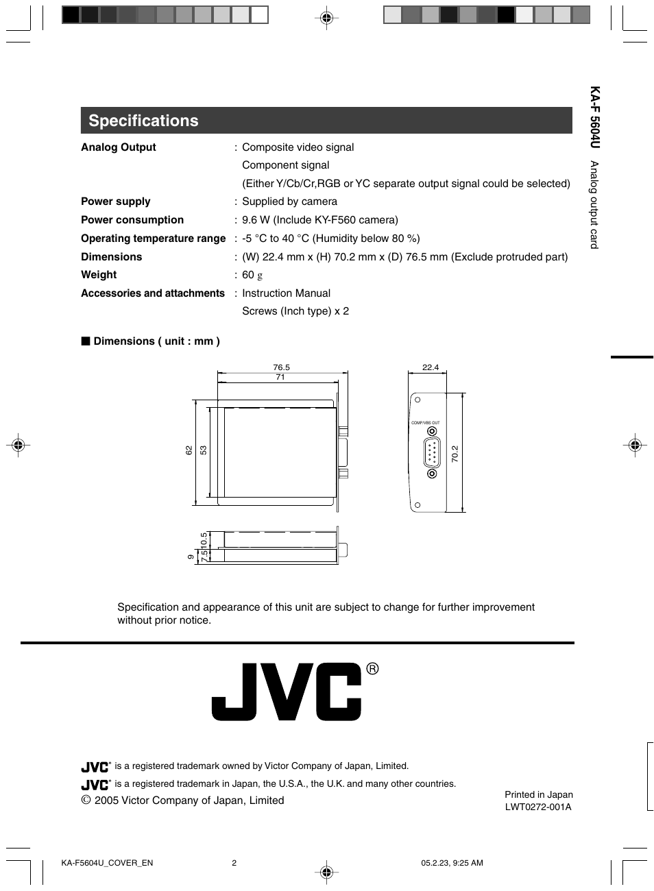 Specifications, Ka-f 5604u | JVC KA-F5604U User Manual | Page 8 / 8
