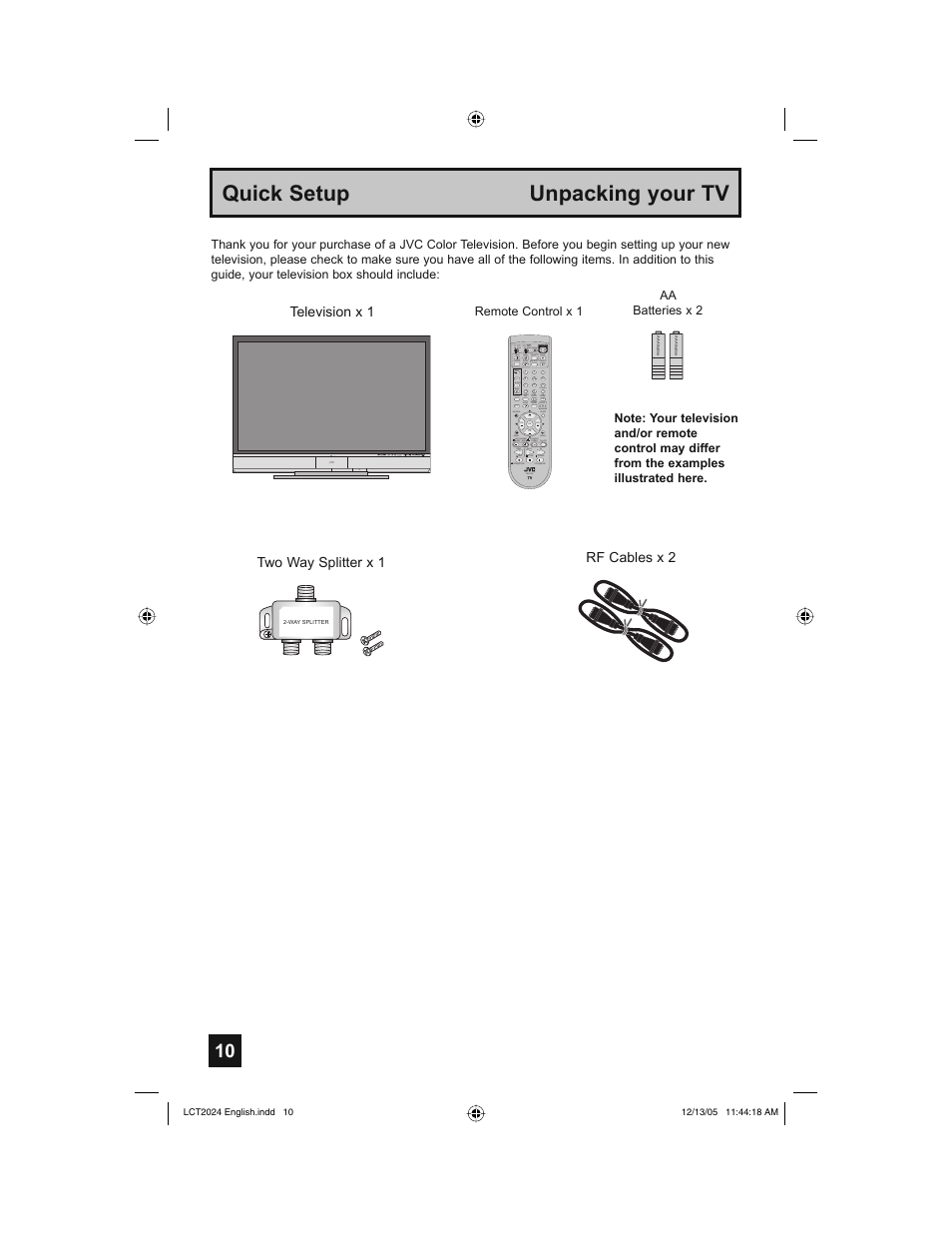 Quick setup unpacking your tv | JVC HD-P70R1U User Manual | Page 10 / 112