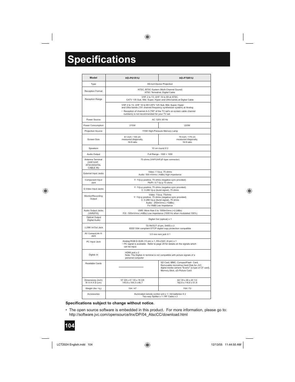 Specifications | JVC HD-P70R1U User Manual | Page 104 / 112