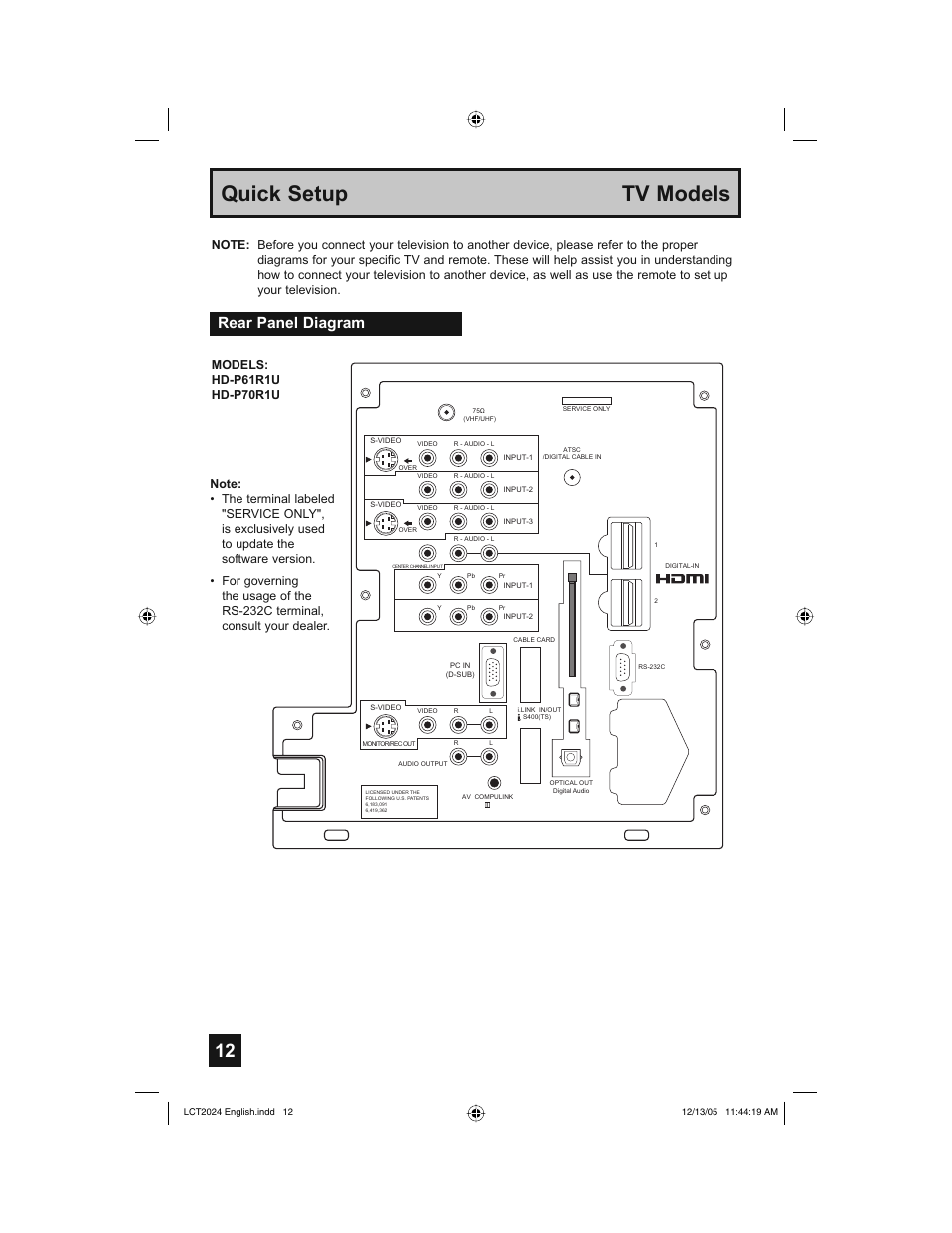 Quick setup tv models, Rear panel diagram | JVC HD-P70R1U User Manual | Page 12 / 112