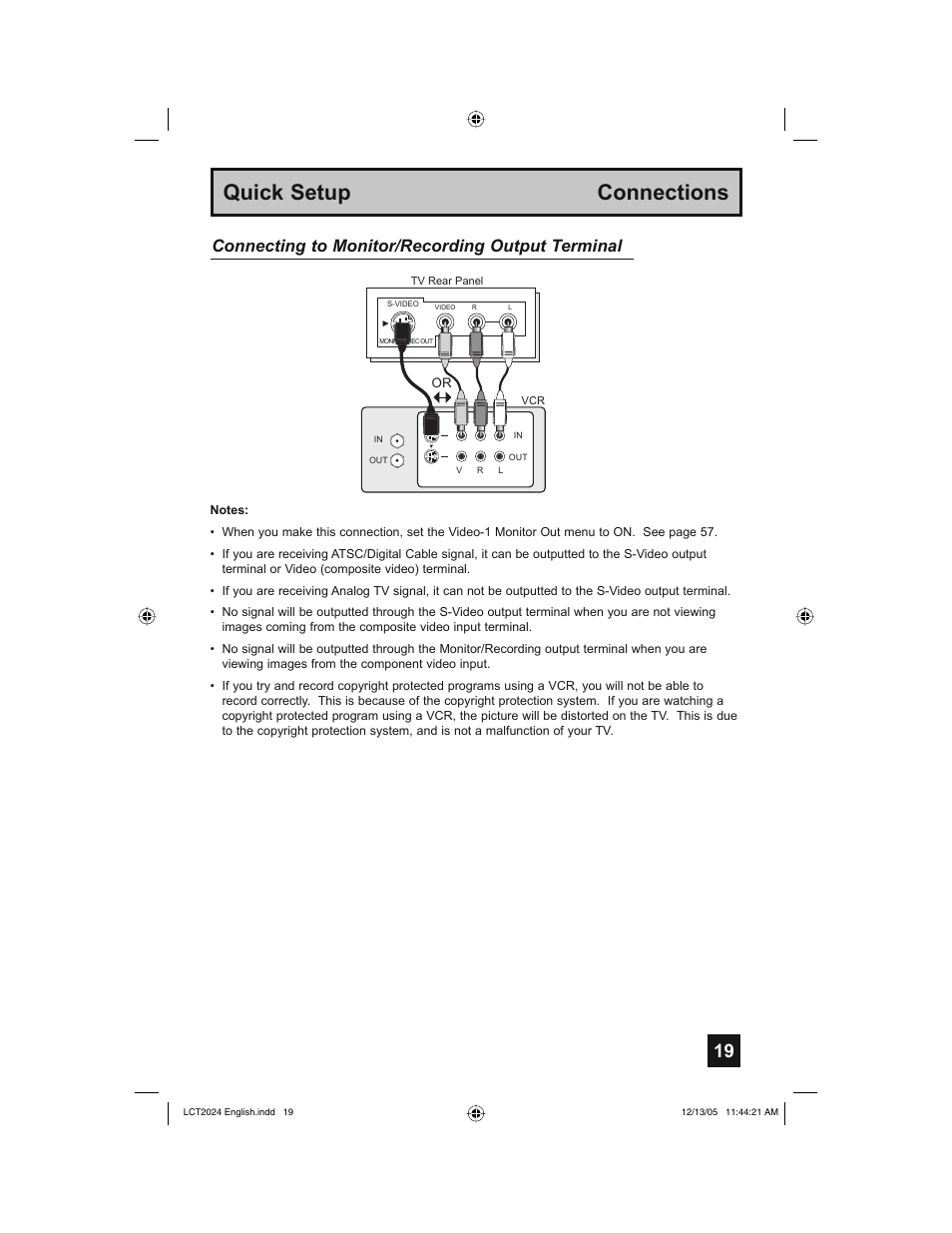 Quick setup connections, Connecting to monitor/recording output terminal | JVC HD-P70R1U User Manual | Page 19 / 112