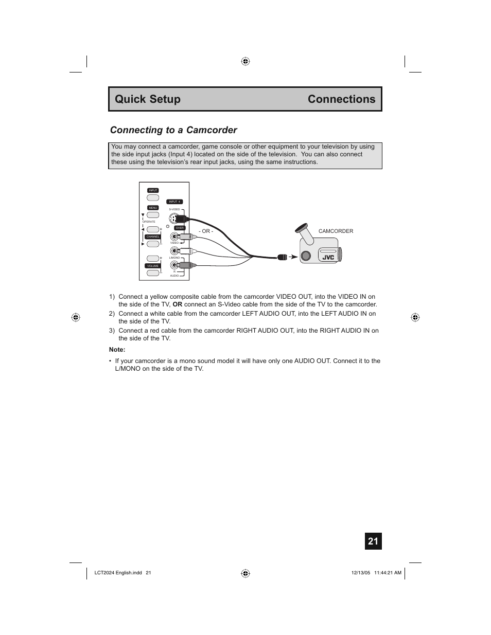 Quick setup connections, Connecting to a camcorder | JVC HD-P70R1U User Manual | Page 21 / 112