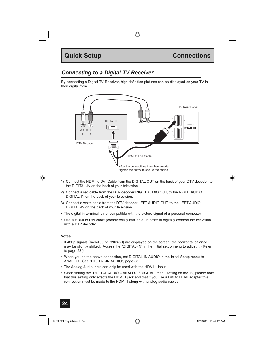 Quick setup connections, Connecting to a digital tv receiver | JVC HD-P70R1U User Manual | Page 24 / 112