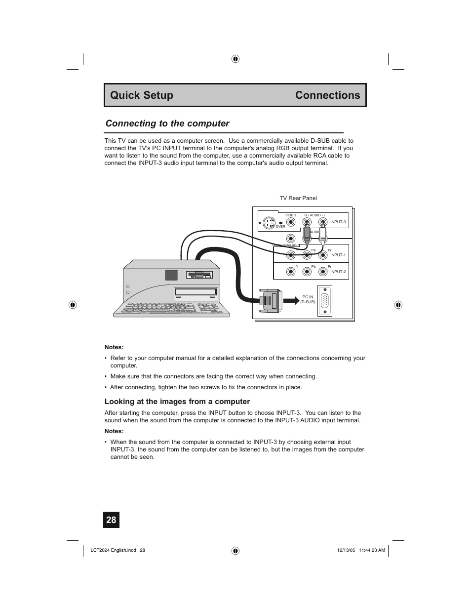 Quick setup connections, Connecting to the computer, Looking at the images from a computer | JVC HD-P70R1U User Manual | Page 28 / 112