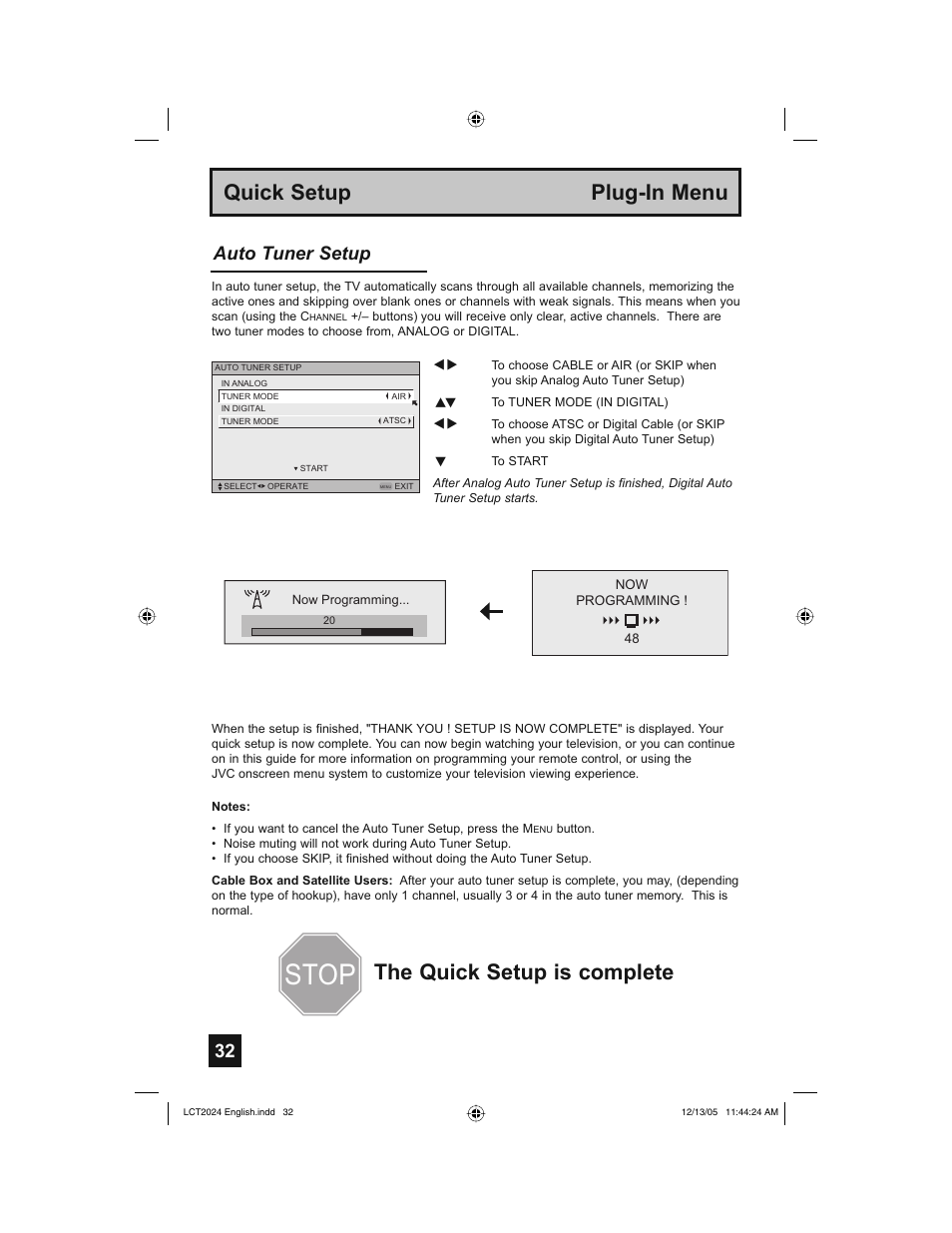Stop, Auto tuner setup | JVC HD-P70R1U User Manual | Page 32 / 112
