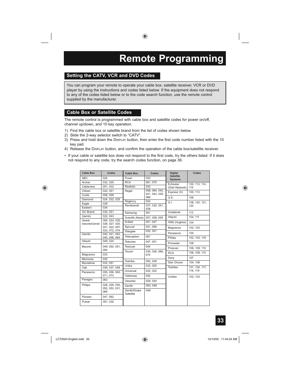 Remote programming | JVC HD-P70R1U User Manual | Page 33 / 112