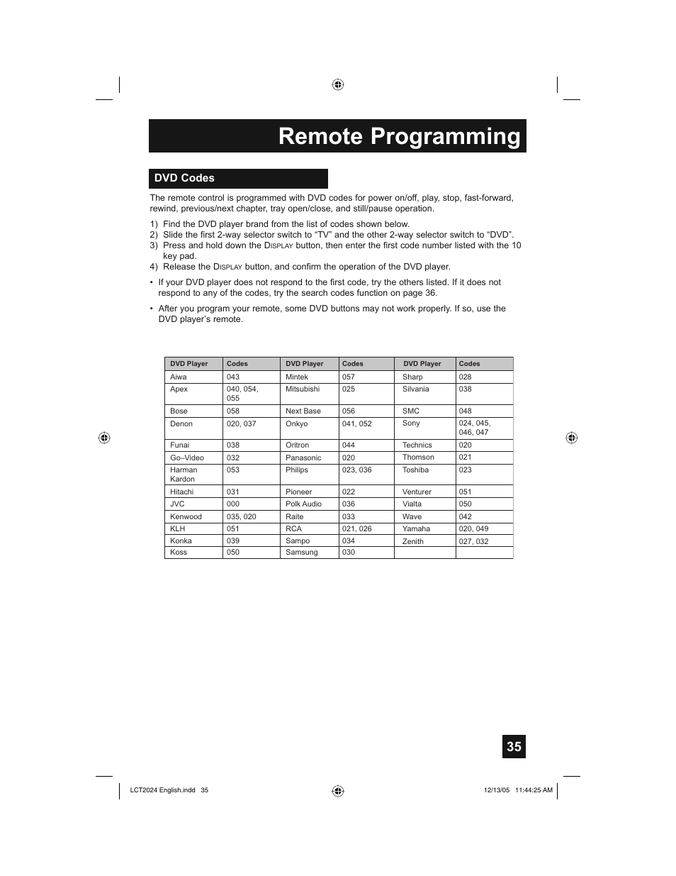 Remote programming, Dvd codes | JVC HD-P70R1U User Manual | Page 35 / 112