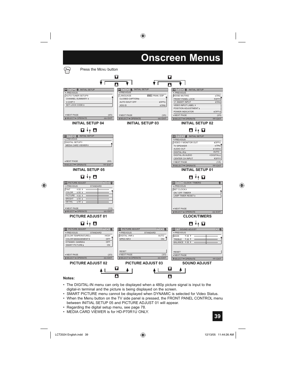Onscreen menus, Press the m, Button | Picture adjust 01, Picture adjust 02, Sound adjust initial setup 04, Clock/timers, Initial setup 03 initial setup 02, Initial setup 01, Initial setup 05 | JVC HD-P70R1U User Manual | Page 39 / 112