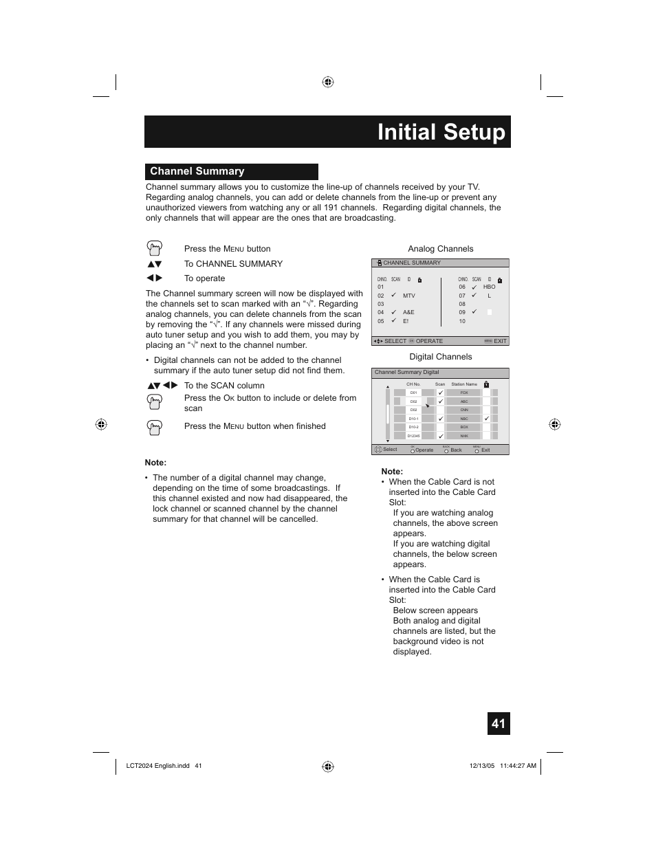 Initial setup, Channel summary | JVC HD-P70R1U User Manual | Page 41 / 112