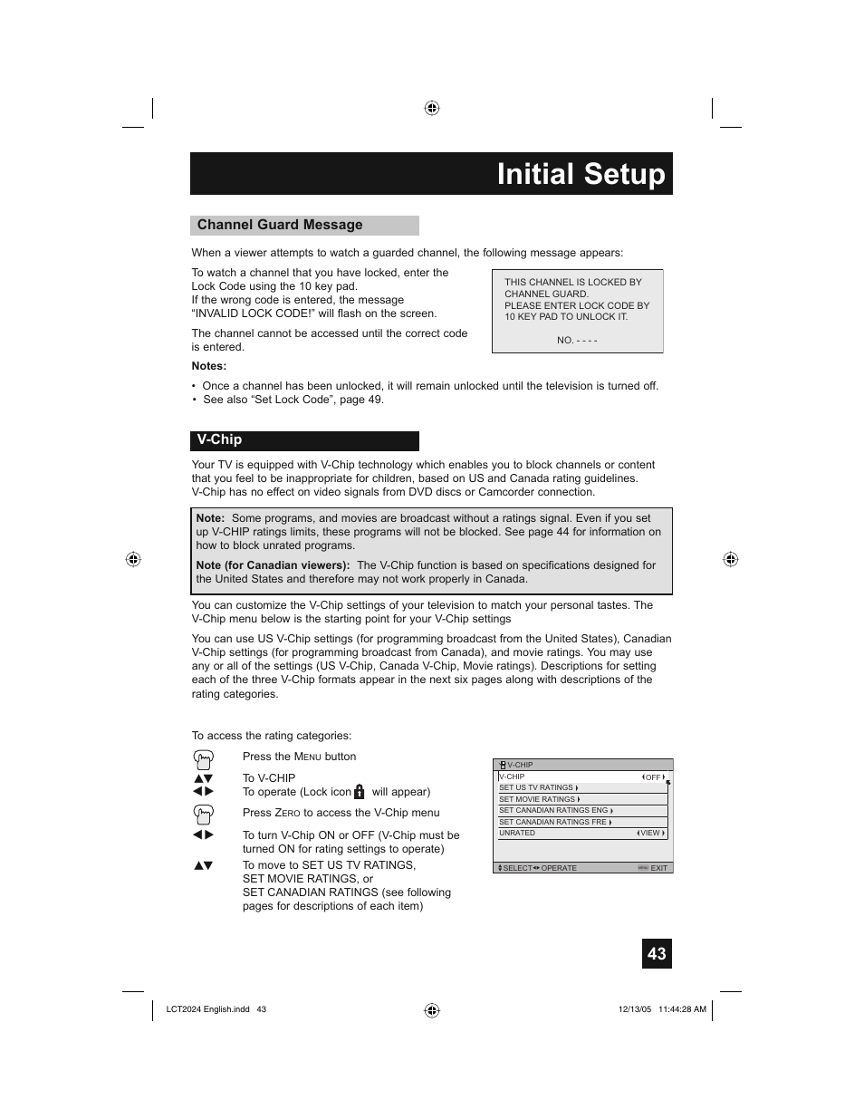 Initial setup, Channel guard message v-chip | JVC HD-P70R1U User Manual | Page 43 / 112
