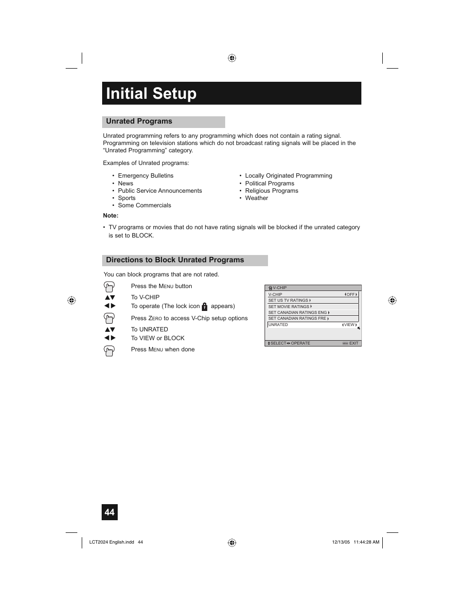 Initial setup, Directions to block unrated programs, Unrated programs | JVC HD-P70R1U User Manual | Page 44 / 112