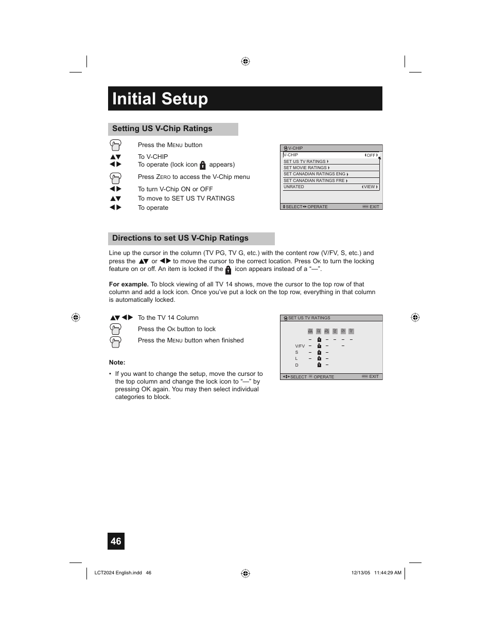 Initial setup, Directions to set us v-chip ratings, Setting us v-chip ratings | JVC HD-P70R1U User Manual | Page 46 / 112