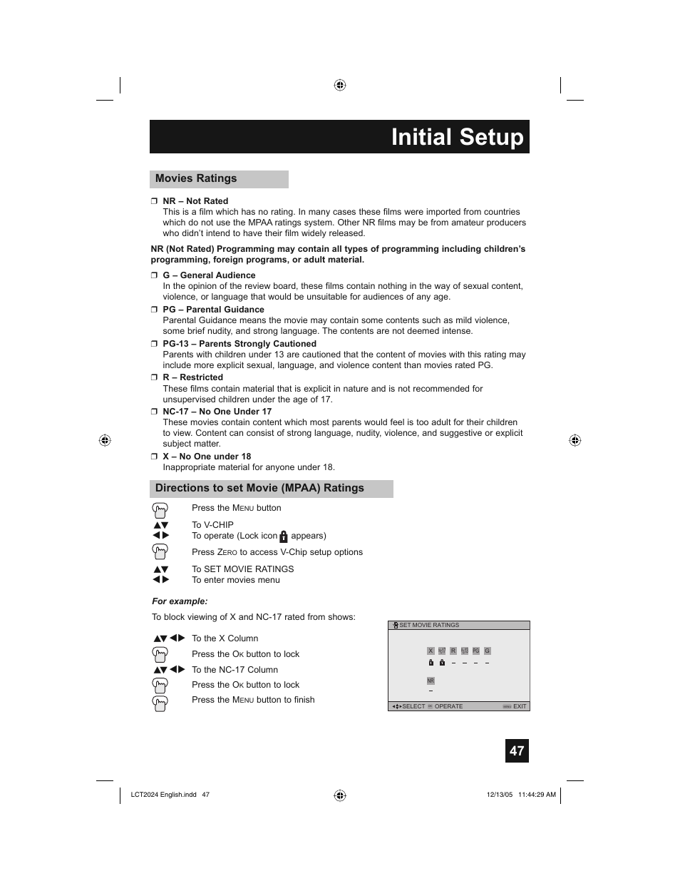 Initial setup, Movies ratings, Directions to set movie (mpaa) ratings | JVC HD-P70R1U User Manual | Page 47 / 112