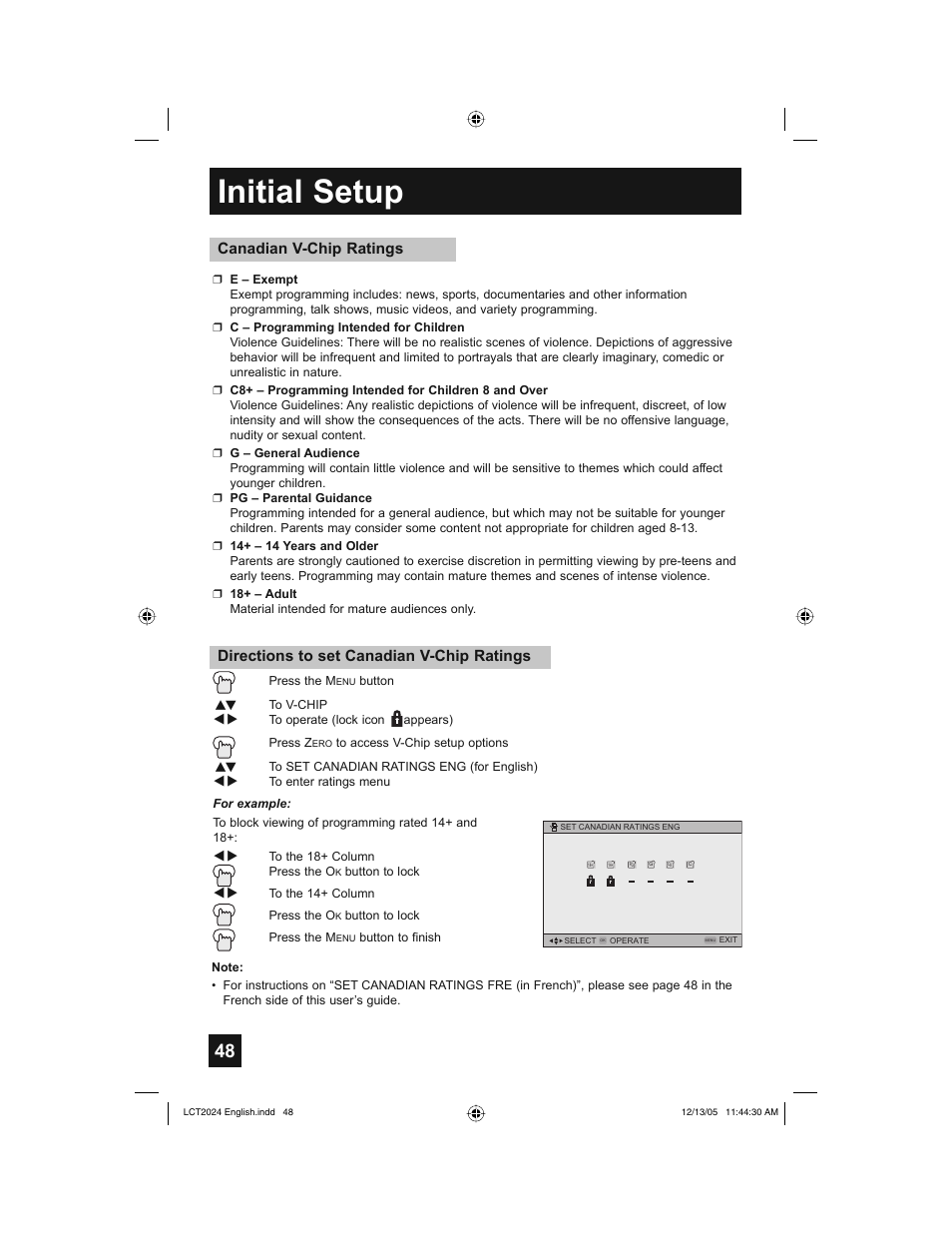 Initial setup, Directions to set canadian v-chip ratings, Canadian v-chip ratings | JVC HD-P70R1U User Manual | Page 48 / 112