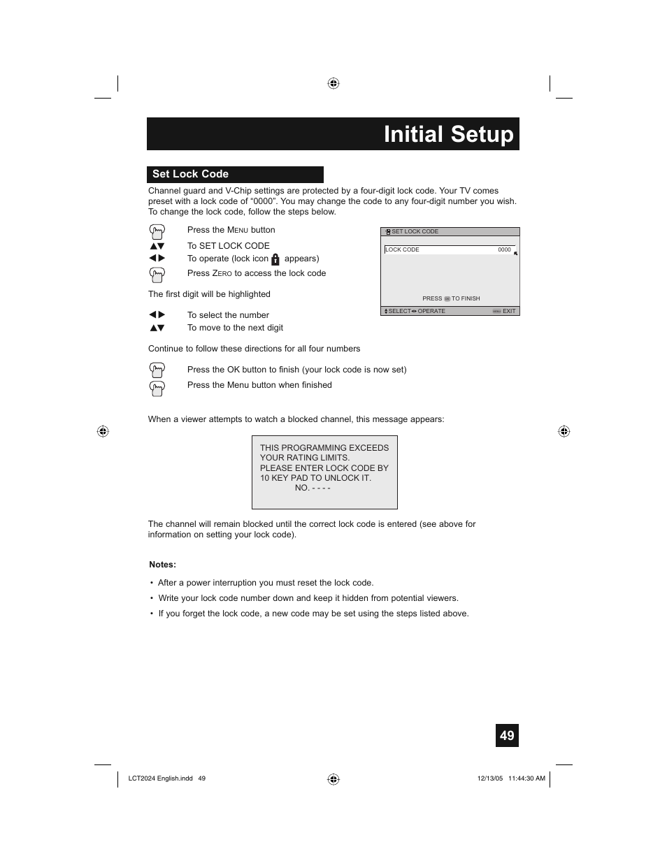 Initial setup, Set lock code | JVC HD-P70R1U User Manual | Page 49 / 112