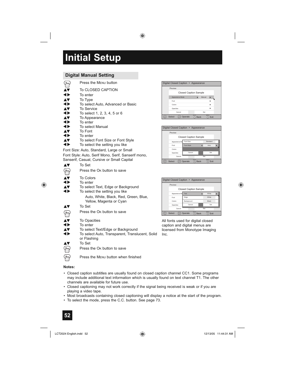 Initial setup, Digital manual setting | JVC HD-P70R1U User Manual | Page 52 / 112