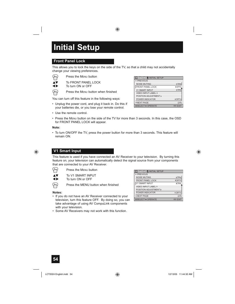 Initial setup, Front panel lock, V1 smart input | JVC HD-P70R1U User Manual | Page 54 / 112