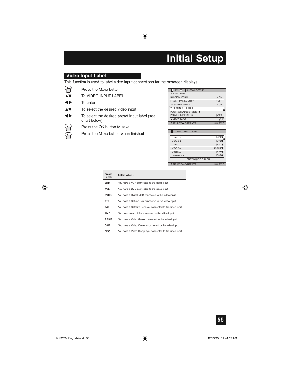 Initial setup, Video input label | JVC HD-P70R1U User Manual | Page 55 / 112