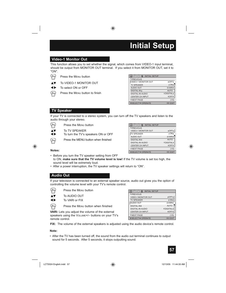 Initial setup, Tv speaker, Audio out | Video-1 monitor out | JVC HD-P70R1U User Manual | Page 57 / 112