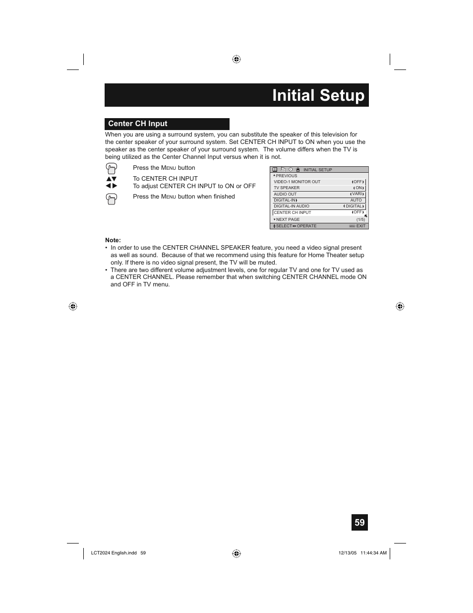 Initial setup, Center ch input | JVC HD-P70R1U User Manual | Page 59 / 112