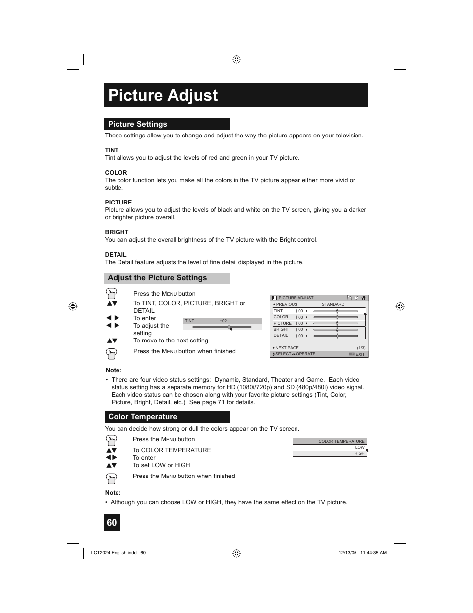 Picture adjust | JVC HD-P70R1U User Manual | Page 60 / 112