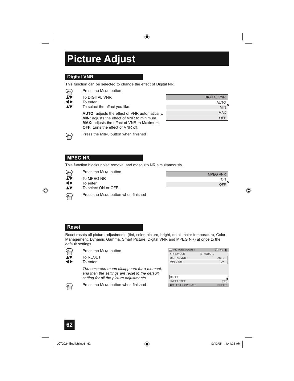 Picture adjust, Reset, Digital vnr mpeg nr | JVC HD-P70R1U User Manual | Page 62 / 112