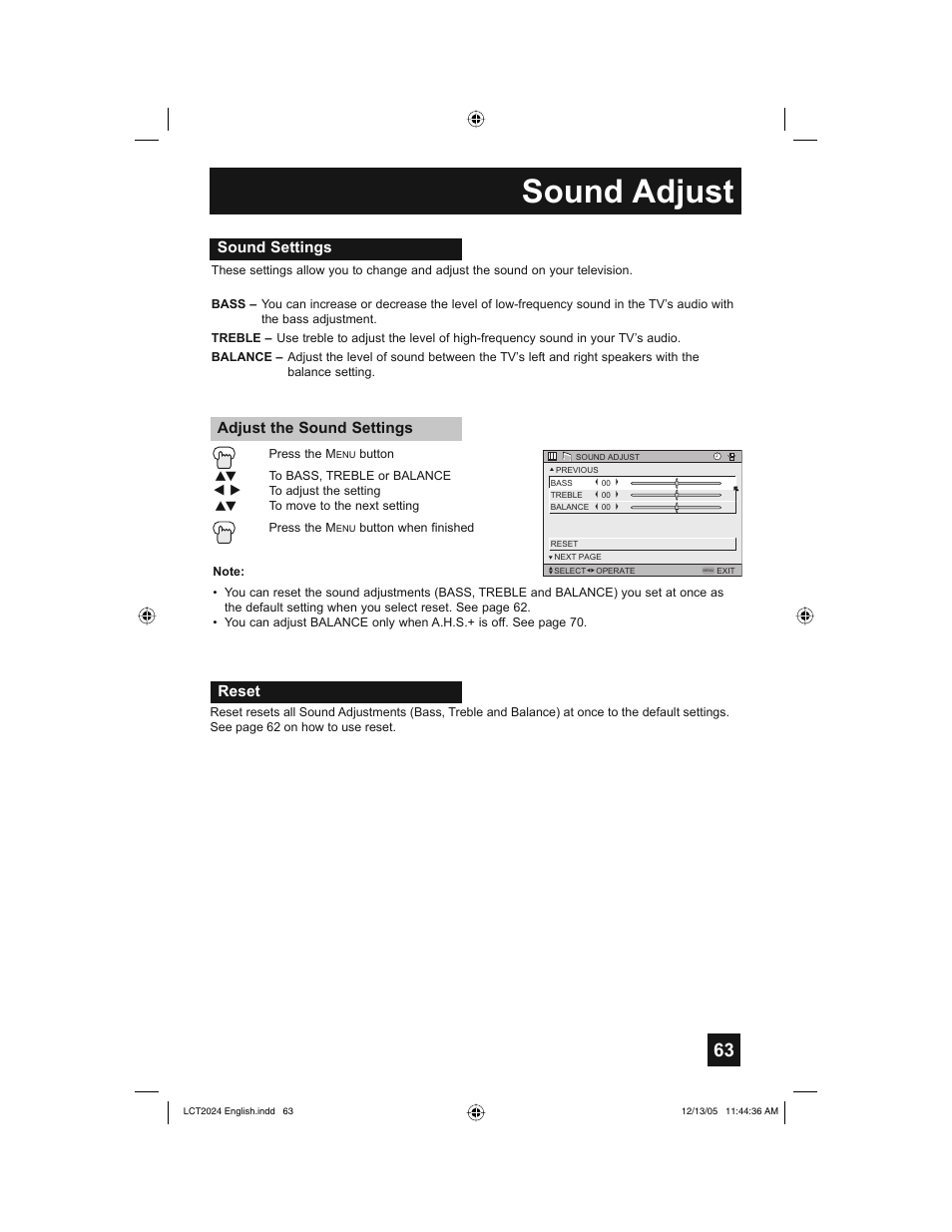 Sound adjust, Sound settings adjust the sound settings, Reset | JVC HD-P70R1U User Manual | Page 63 / 112